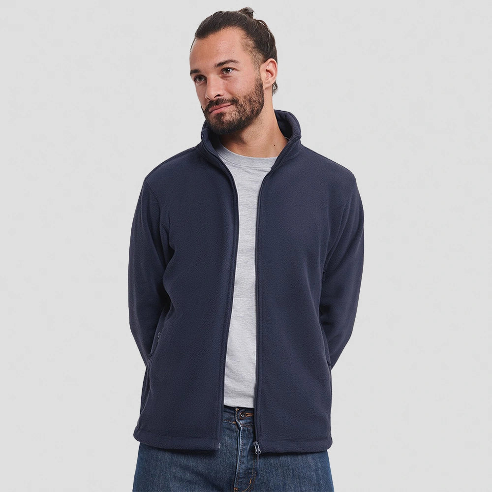 model wearing Russell Outdoor Fleece Jacket in navy