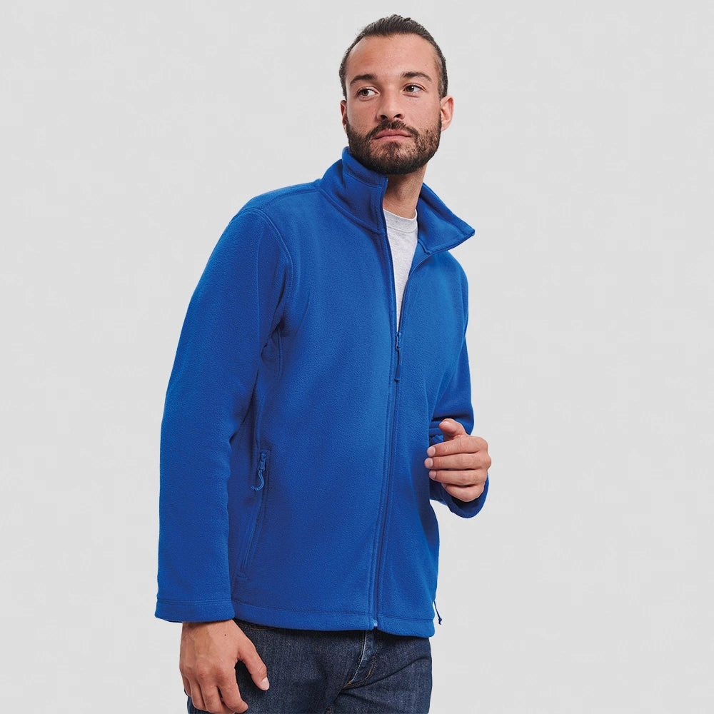 model wearing Russell Outdoor Fleece Jacket in royal blue