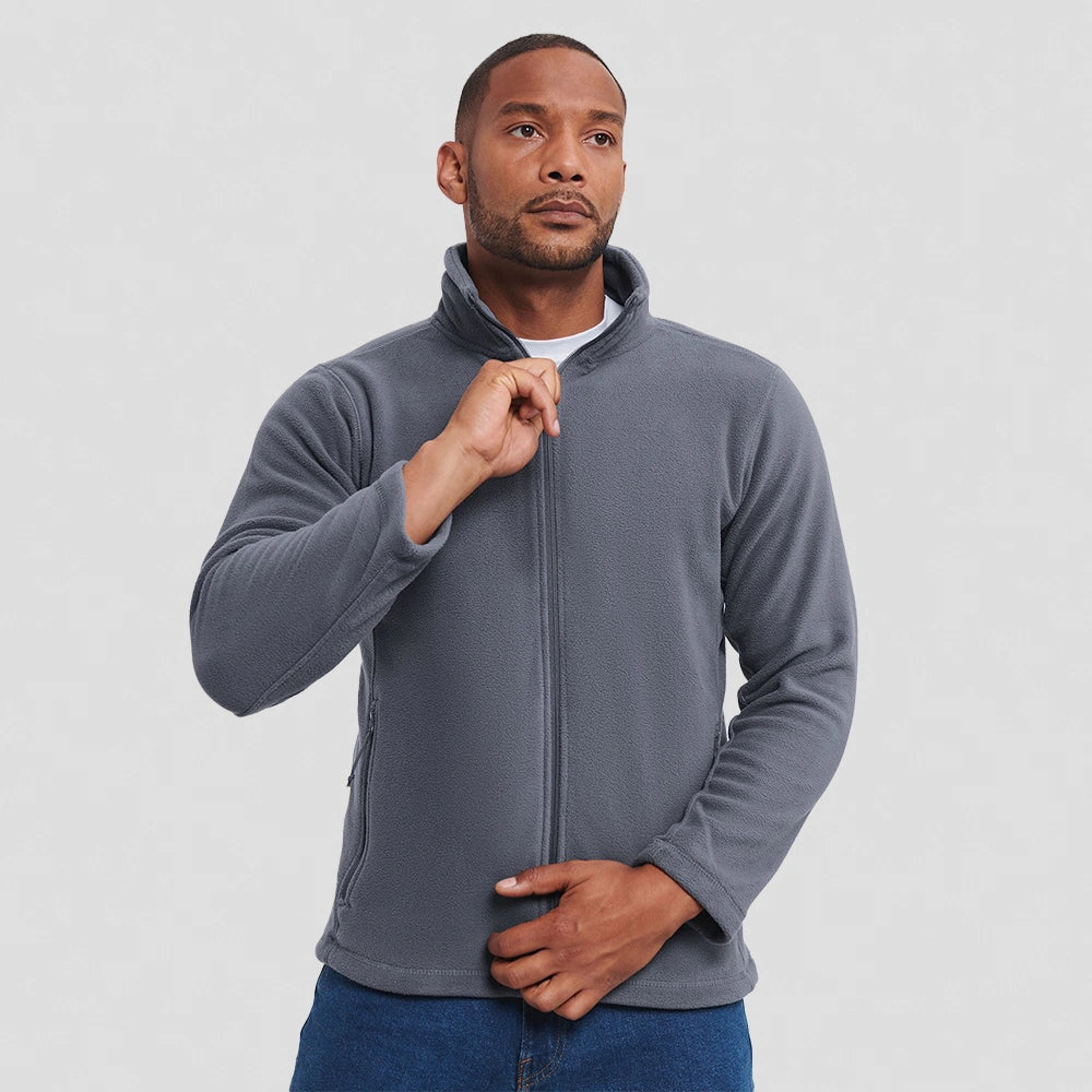 model wearing Russell Outdoor Fleece Jacket in grey