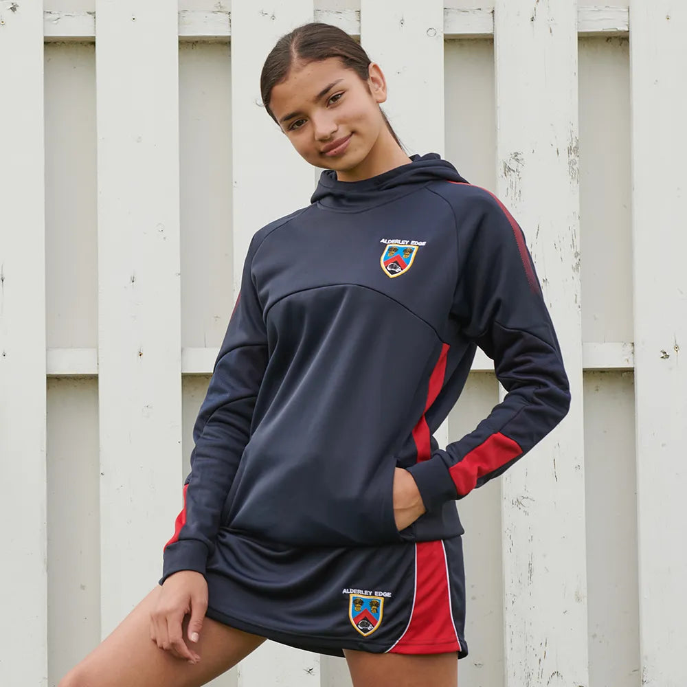 model wearing Edge Pro Poly Hoodie navy / red