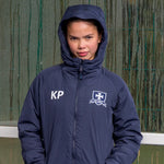 close up of model wearing Edge Pro 3/4 Jacket in navy with hood up