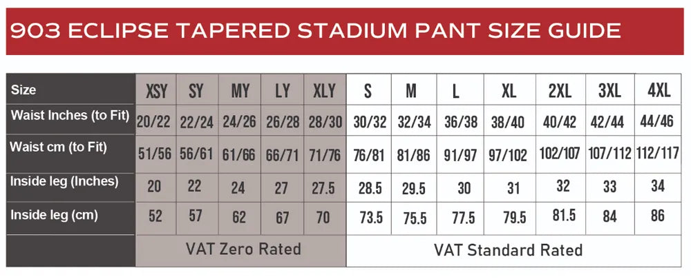 Tapered Stretch Stadium Pant size guide