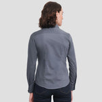Rear view of Model wearing the Russell Collection Ladies Long Sleeve Fitted Poplin Shirt 924F in Convoy Grey