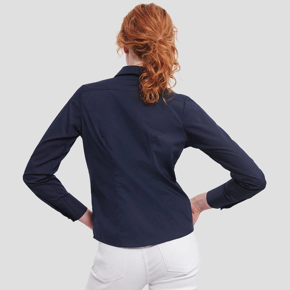 Rear view of Model wearing the Russell Collection Ladies Long Sleeve Fitted Poplin Shirt 924F in French Navy