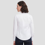 Rear view of model wearing the Russell Collection Ladies Long Sleeve Fitted Poplin Shirt 924F in White