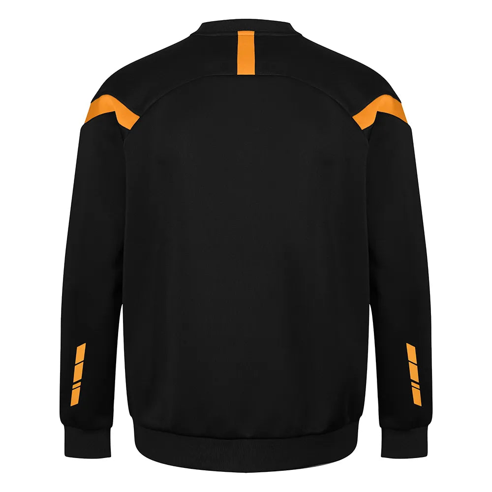 back view of Kinetic Sports Crew Neck Tech Top Black amber