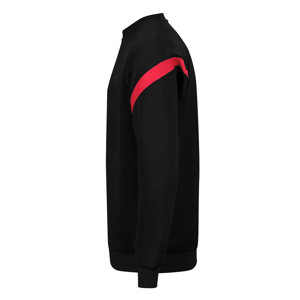 side view of Kinetic Sports Crew Neck Tech Top Black red