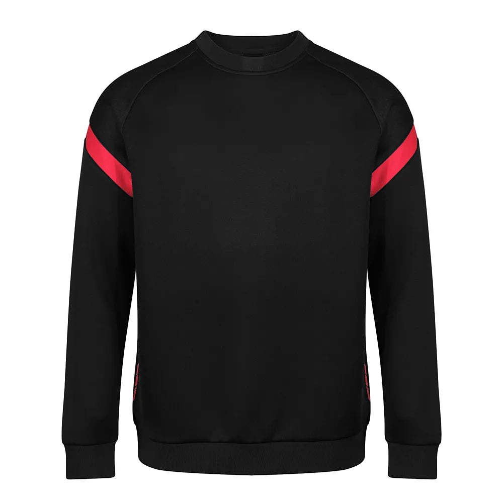 front view of Kinetic Sports Crew Neck Tech Top Black red