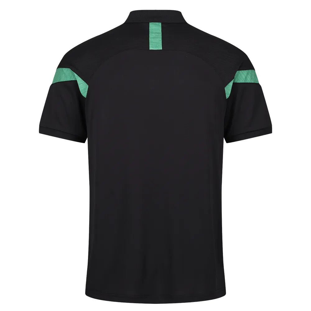 Black kinetic polo shirt with emerald green accents - rear view