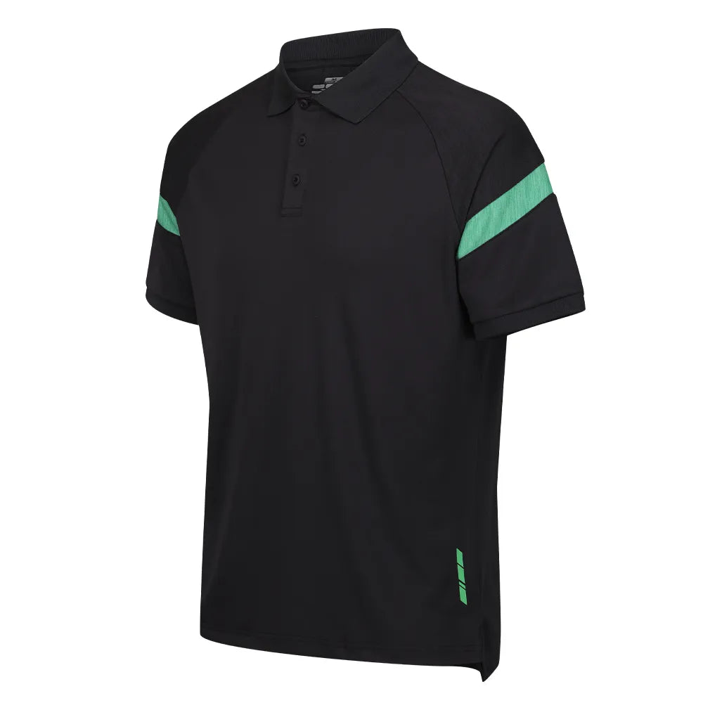 Black kinetic sports tech polo shirt with emerald stripes on sleeves and sides