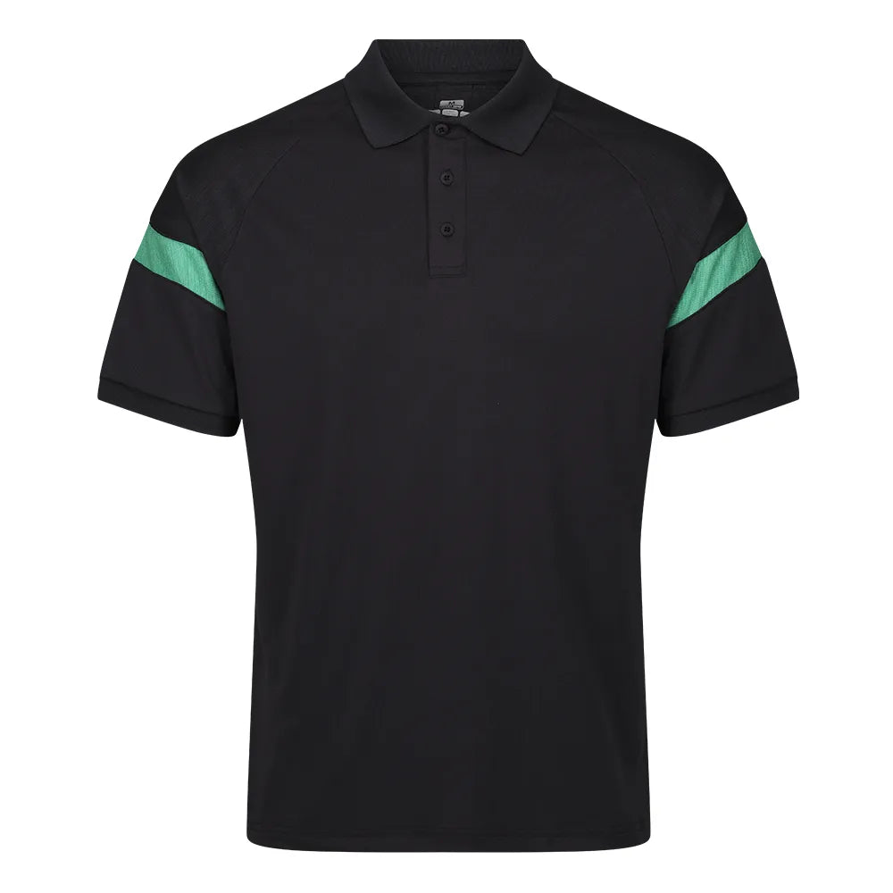 Black kinetic sports tech polo with emerald sleeve stripes