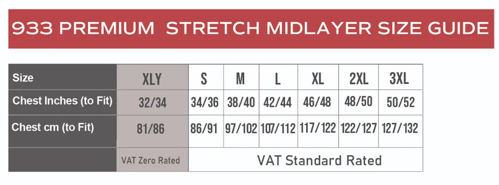Premium Stretch Midlayer size guide