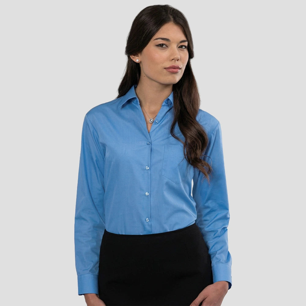 Russell Collection Ladies Long Sleeve Easy Care Poplin Shirt 934F in corporate blue