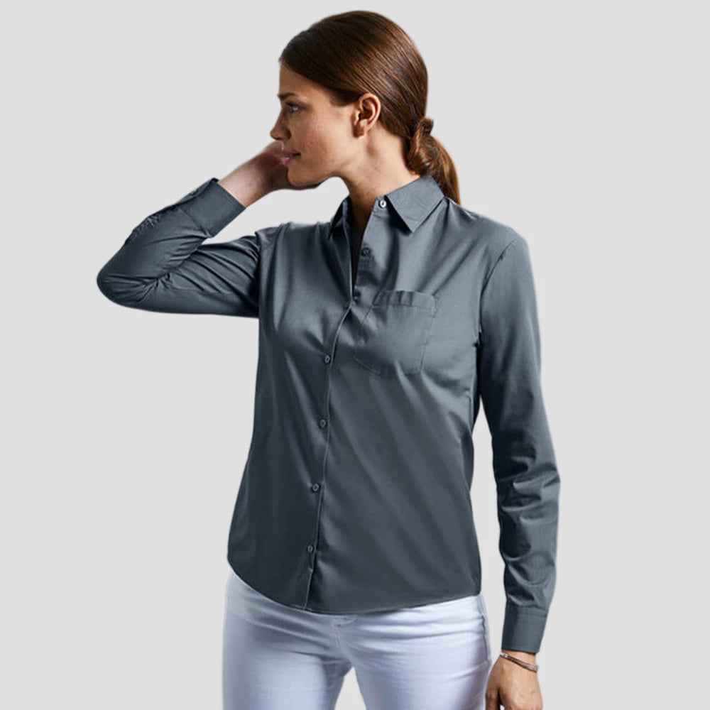 Russell Collection Ladies Long Sleeve Easy Care Poplin Shirt 934F in convoy grey