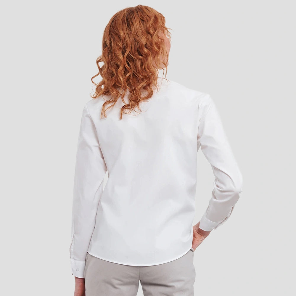 Rear view of Model wearing the Russell Collection Ladies Long Sleeve Easy Care Cotton Poplin Shirt 936F in White
