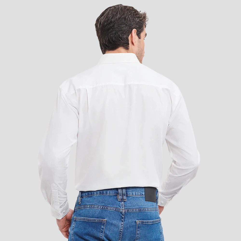 Rear view of Model wearing the Russell Collection Long Sleeve Easy Care Cotton Poplin Shirt 936M in white