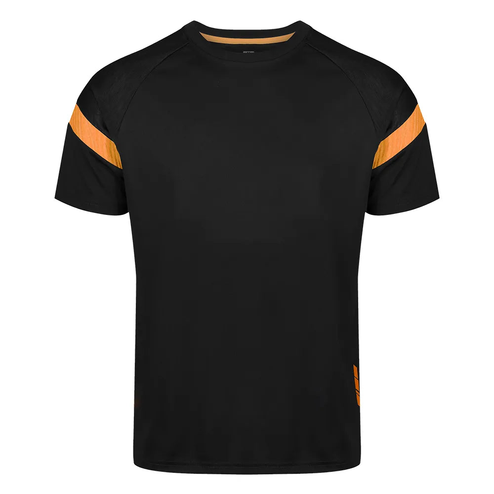 front view of Kinetic Sports Tech Tee Black amber 