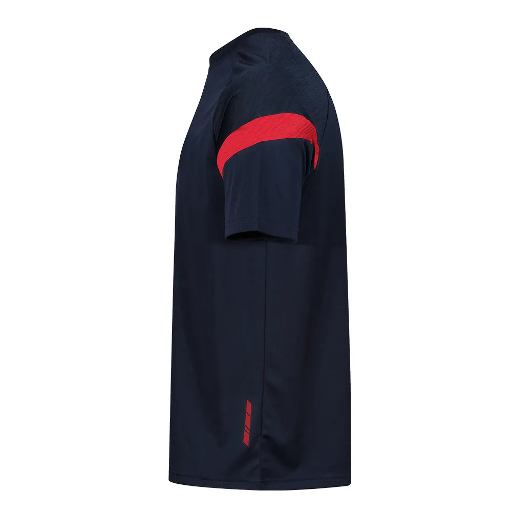 side view of Kinetic Sports Tech Tee Navy red