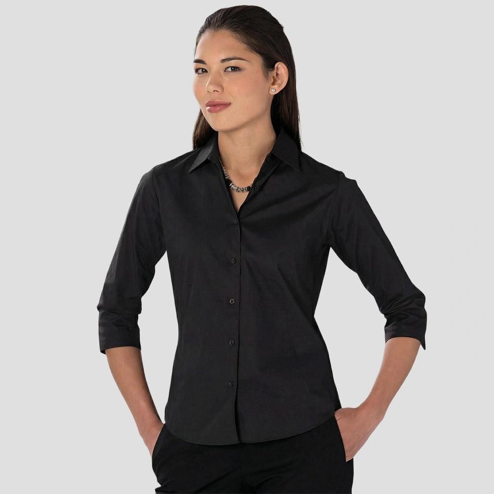 Model wearing the Russell Collection Ladies 3/4 Sleeve Easy Care Fitted Shirt in Black