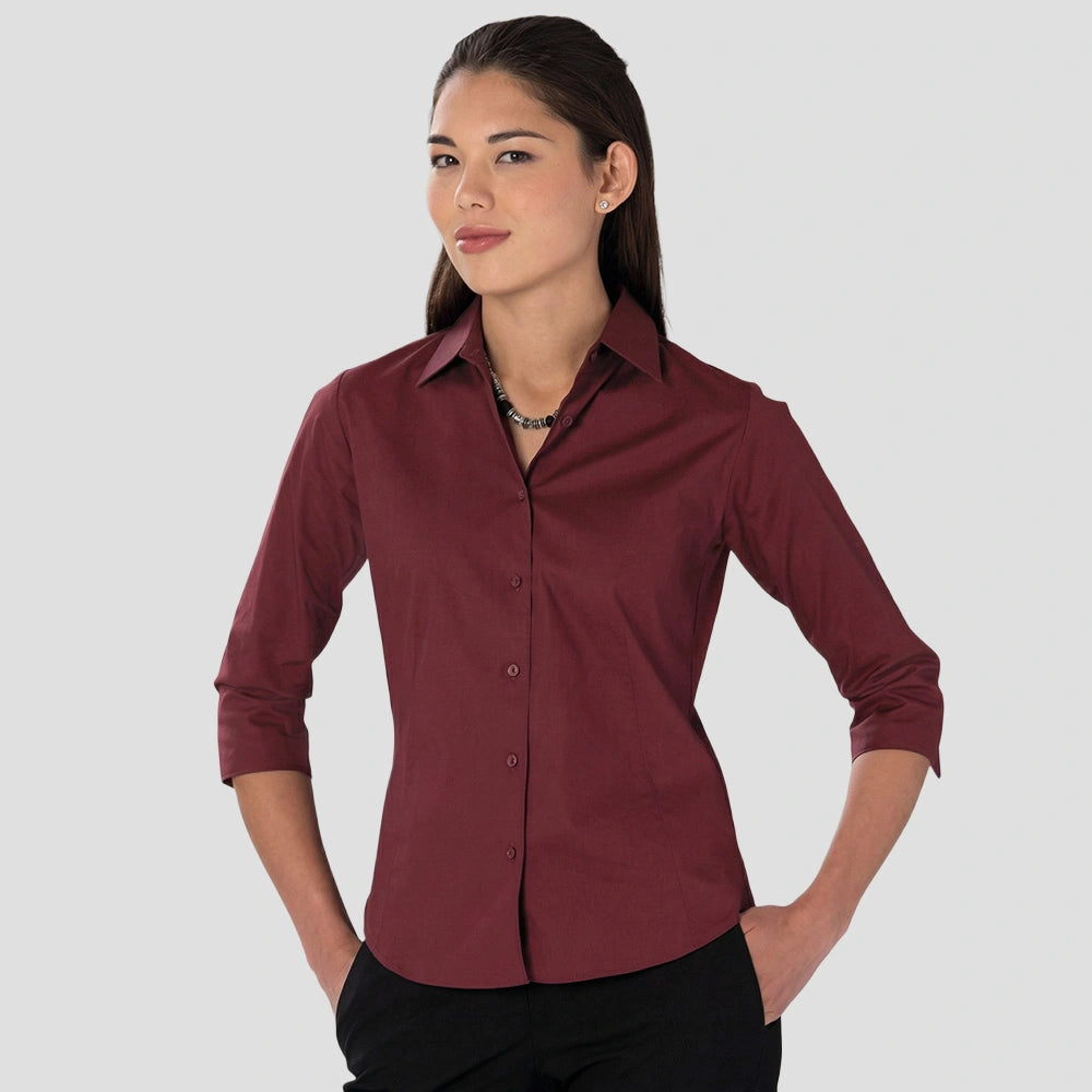 Model wearing the Russell Collection Ladies 3/4 Sleeve Easy Care Fitted Shirt in Port