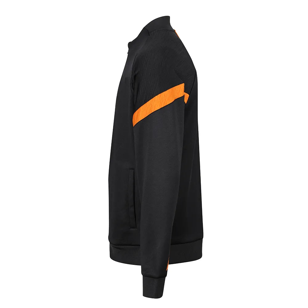 Black kinetic track jacket with an orange stripe on sleeve - side view