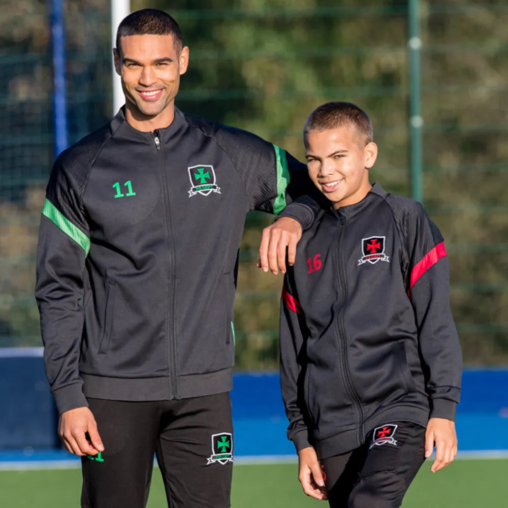 adult and youth models wearing Kinetic Sports Full Zip Track Jackets in Black