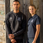 models wearing Classic Technical Polo in navy and black with team logos on chest