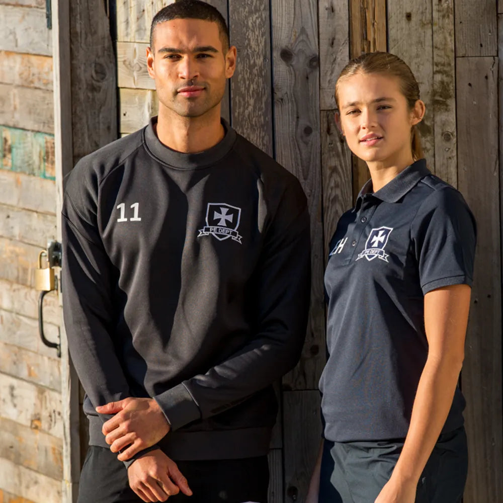 models wearing Classic Technical Polo in navy and black with team logos on chest