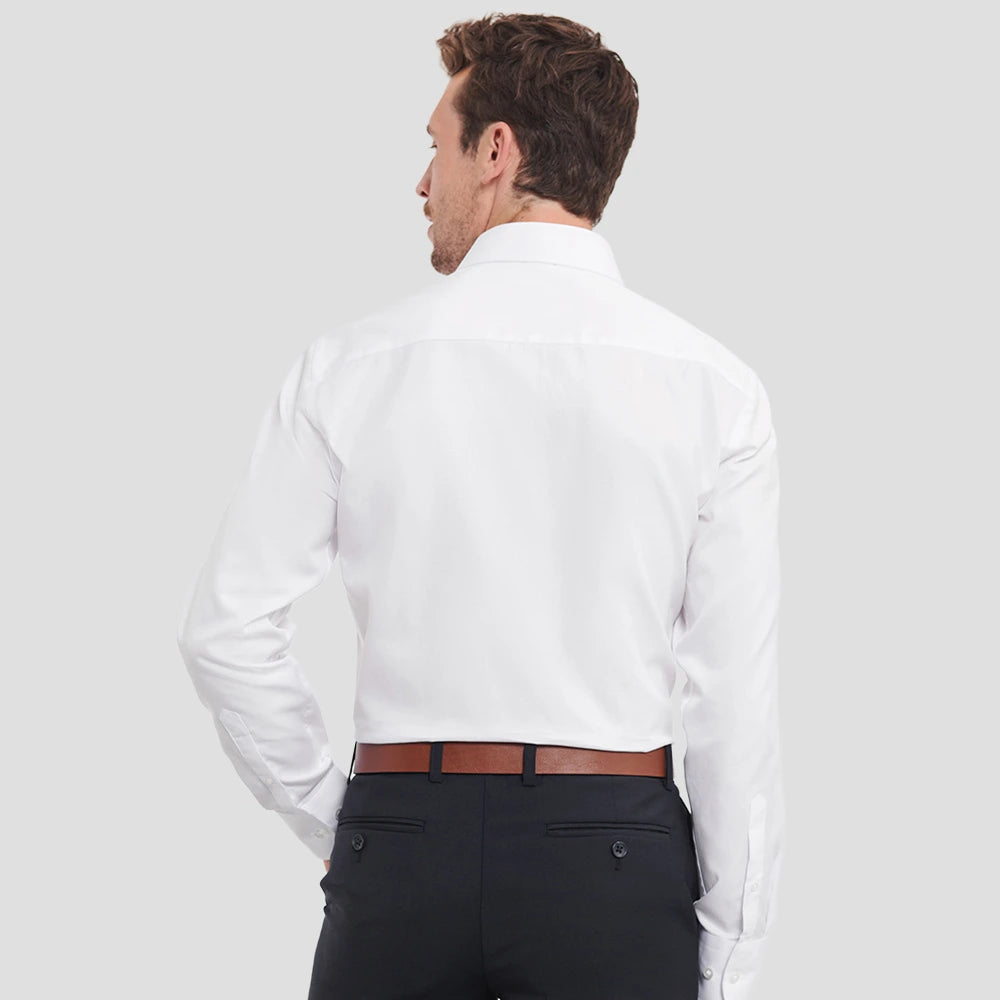 Rear view of Model wearing the Model wearing the Russell Collection Long Sleeve Herringbone Shirt 962M in White