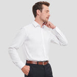 Side view of Model wearing the Model wearing the Russell Collection Long Sleeve Herringbone Shirt 962M in White