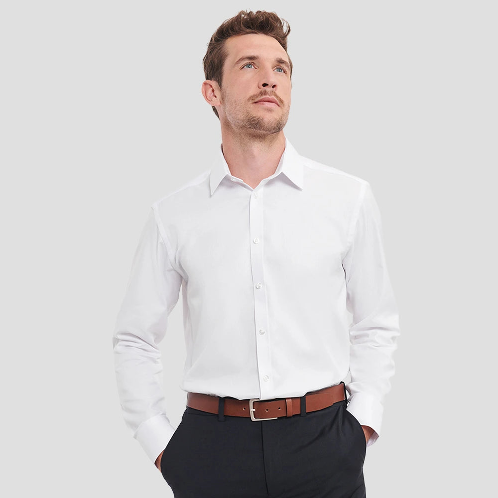 Model wearing the Model wearing the Russell Collection Long Sleeve Herringbone Shirt 962M in White
