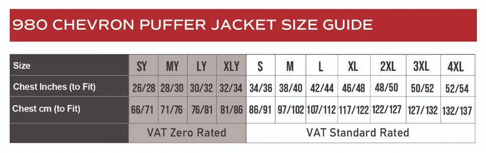 Chevron Puffer Jacket size guide
