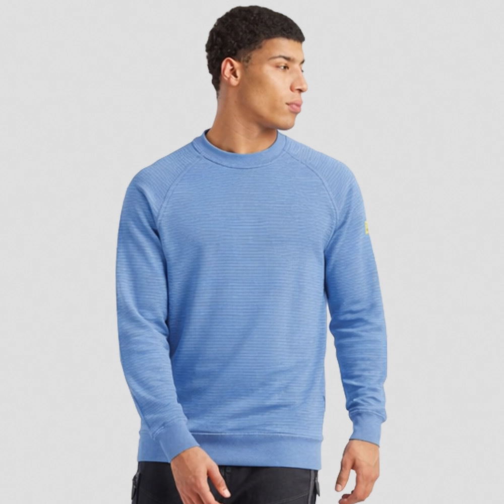 A model wearing a heather blue Portwest - Anti-Static ESD Sweatshirt