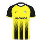 A striped sublimated football shirt in red and black with a sponsor logo in the center