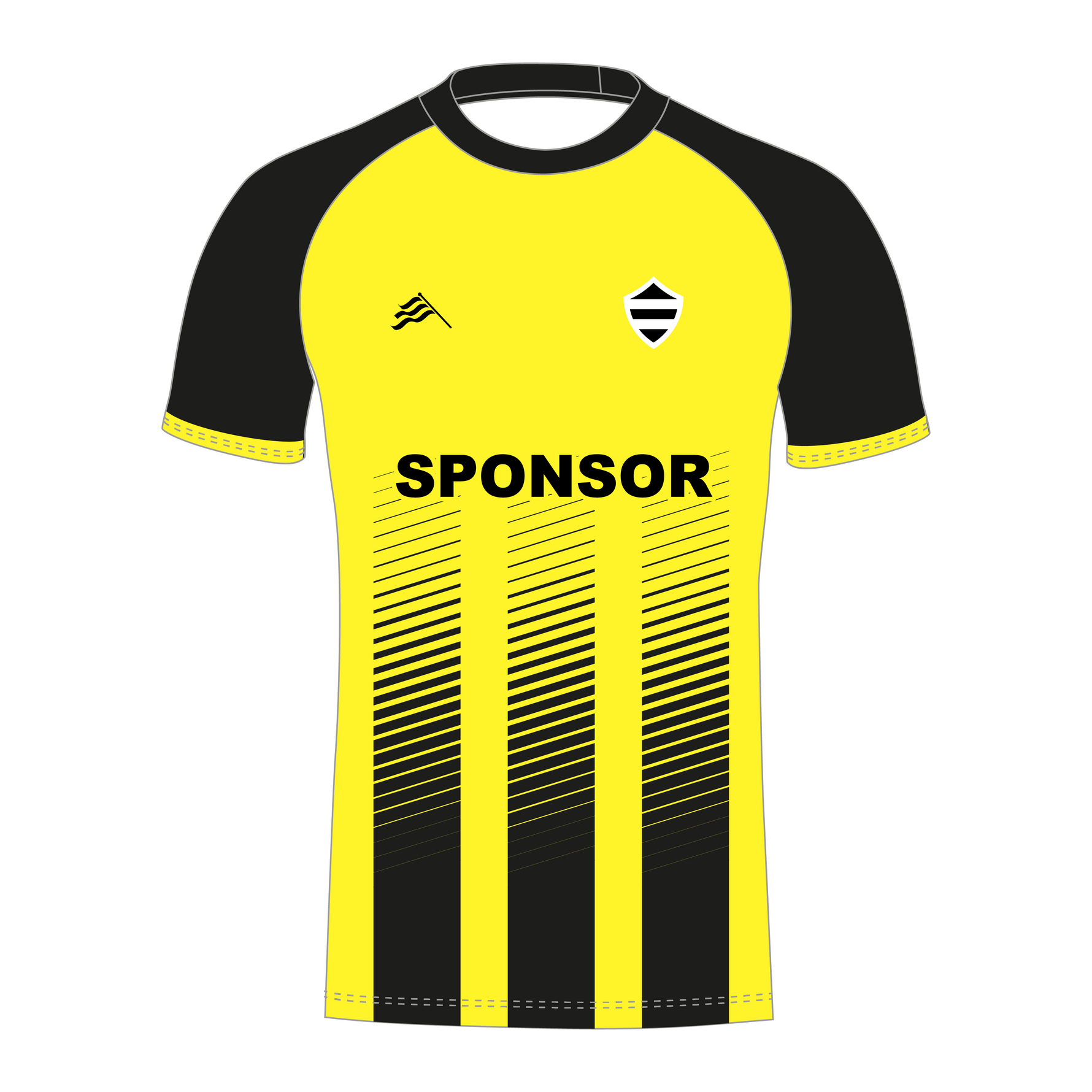 A striped sublimated football shirt in red and black with a sponsor logo in the center