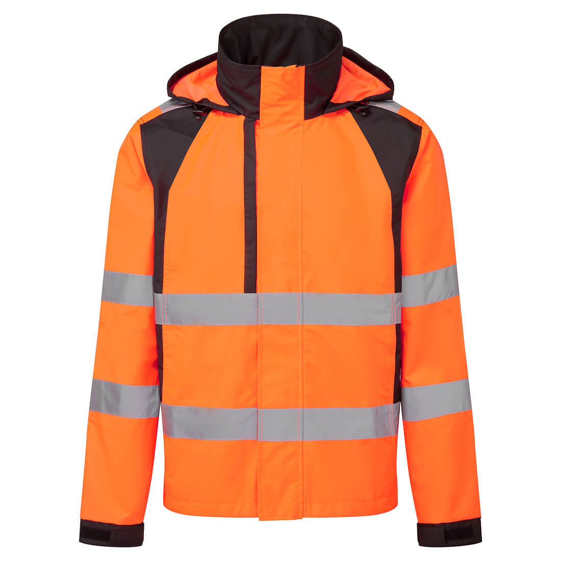 A Portwest WX2 Eco Hi-Vis Rain Jacket with orange and dark gray colors, featuring reflective silver stripes, a hood, and large pockets.