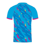 Rear of electric blue T20 cricket shirt with pink and yellow pattern and 'SPONSOR' text