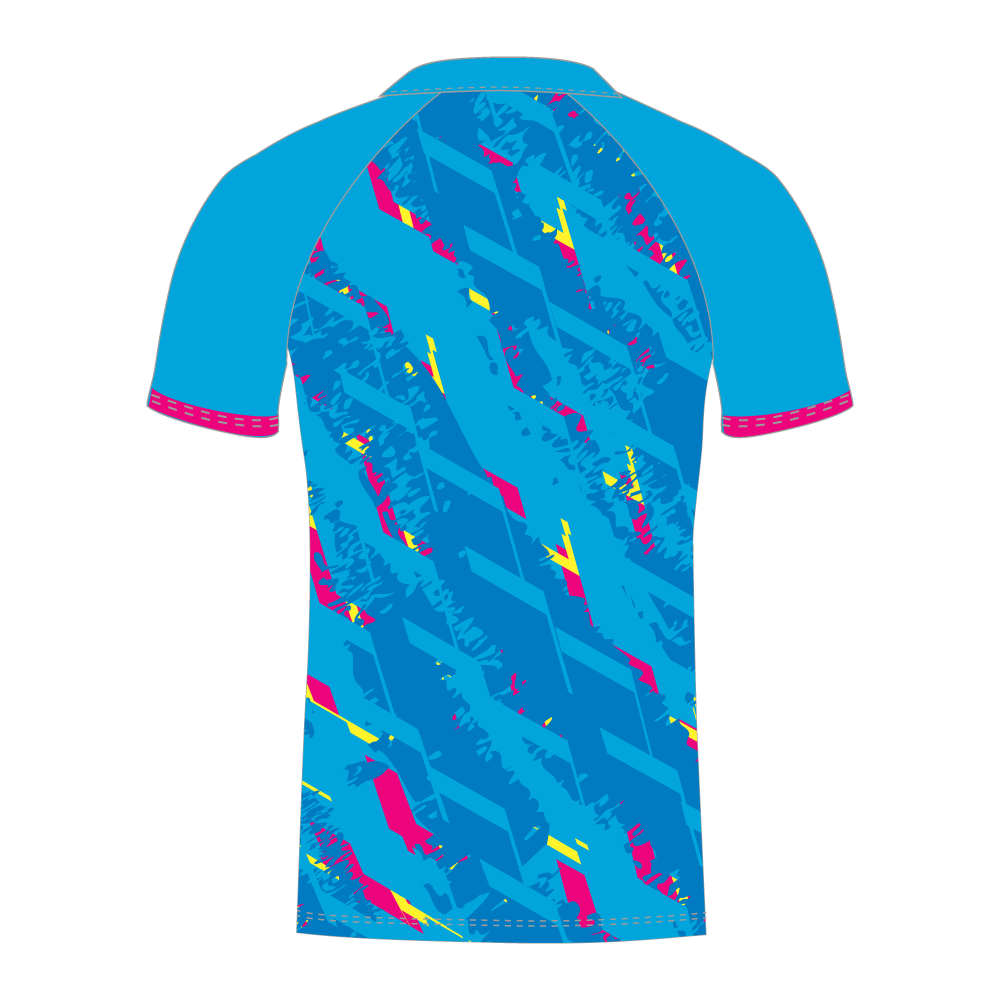 Rear of electric blue T20 cricket shirt with pink and yellow pattern and 'SPONSOR' text