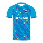 Front of electric blue T20 cricket shirt with pink and yellow pattern and 'SPONSOR' text