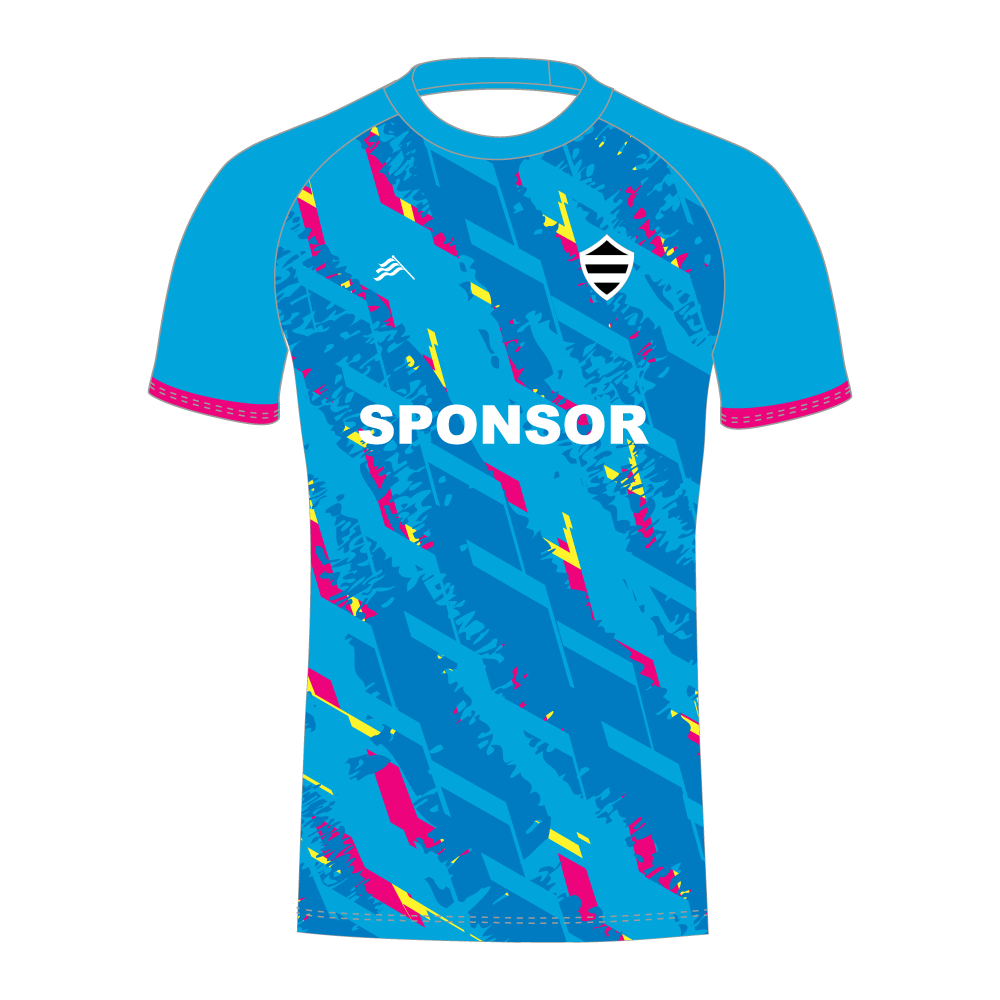 Front of electric blue T20 cricket shirt with pink and yellow pattern and 'SPONSOR' text