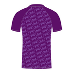 Rear of purple custom cricket shirt with geometric pattern