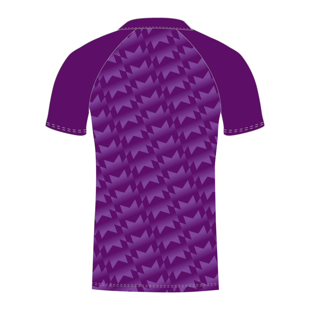 Rear of purple custom cricket shirt with geometric pattern