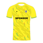 Yellow custom T20 cricket shirt with a green/orange pattern and 'SPONSOR' text