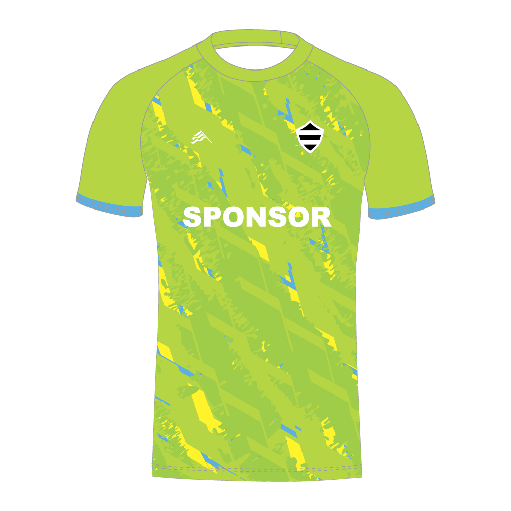 Green custom cricket shirt with a pattern and 'SPONSOR' text