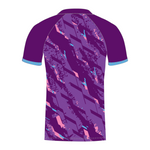 Rear of purple and pink patterned custom T20 cricket shirt