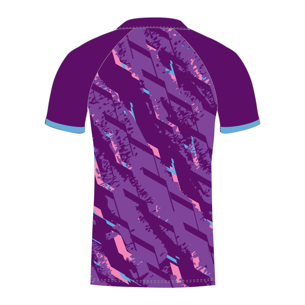 Rear of purple and pink patterned custom T20 cricket shirt