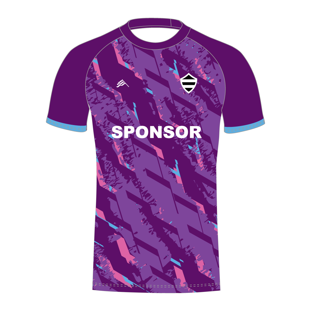 Purple custom cricket shirt with a blue and pink pattern and 'SPONSOR' text