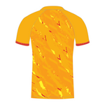 Rear of buttercup T20 cricket shirt with red/yellow patterns