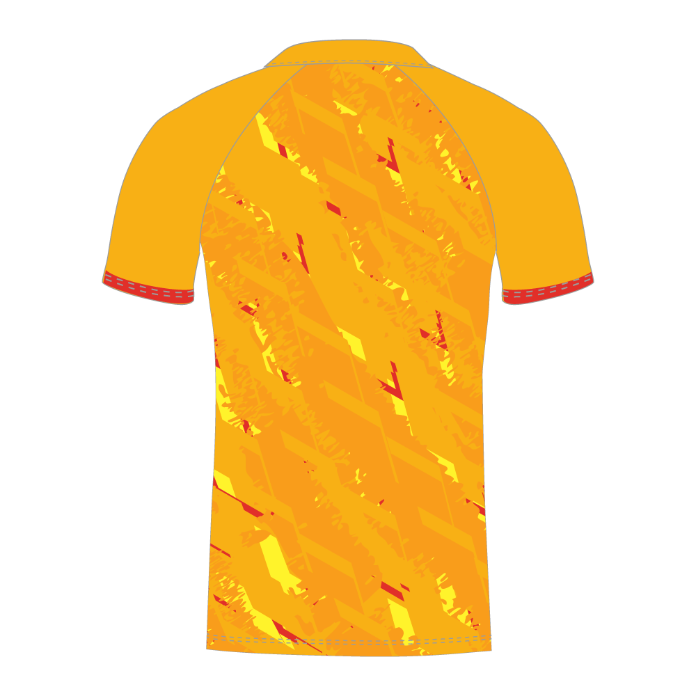 Rear of buttercup T20 cricket shirt with red/yellow patterns