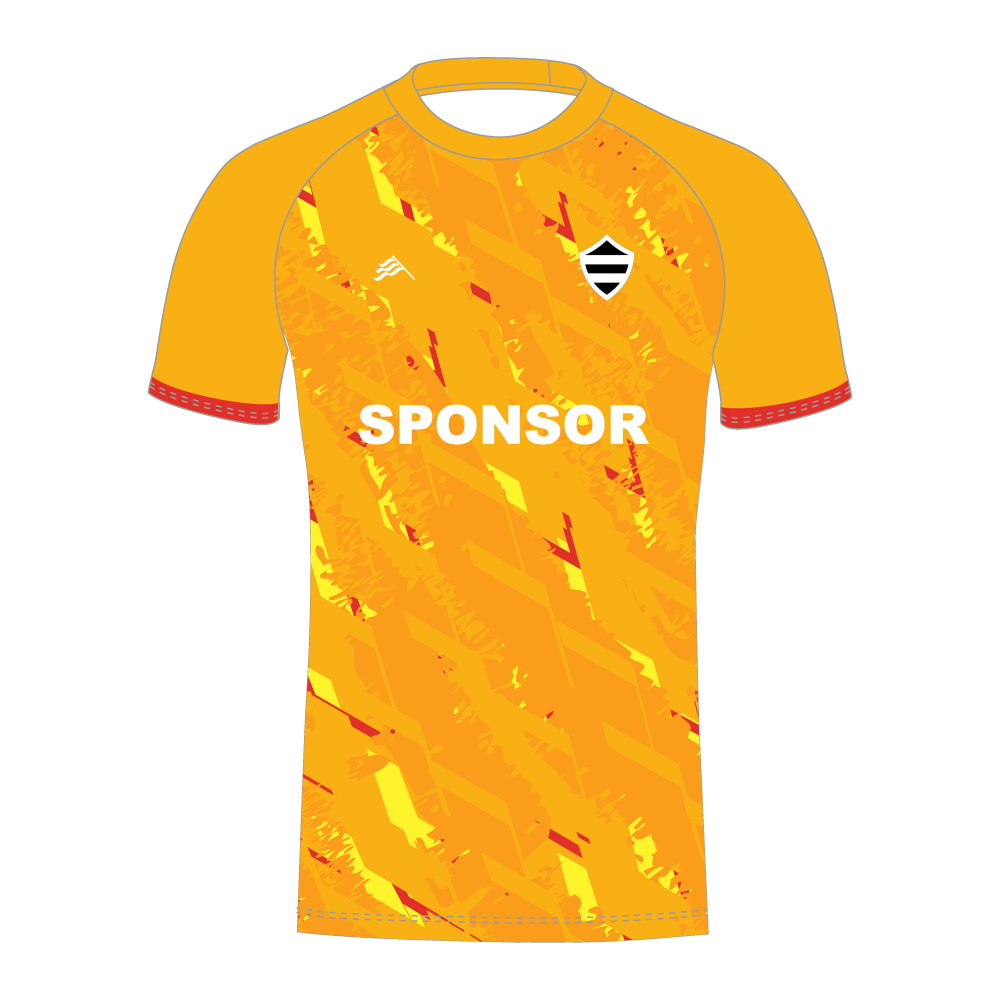 Buttercup T20 cricket shirt with red/yellow patterns and 'SPONSOR' text